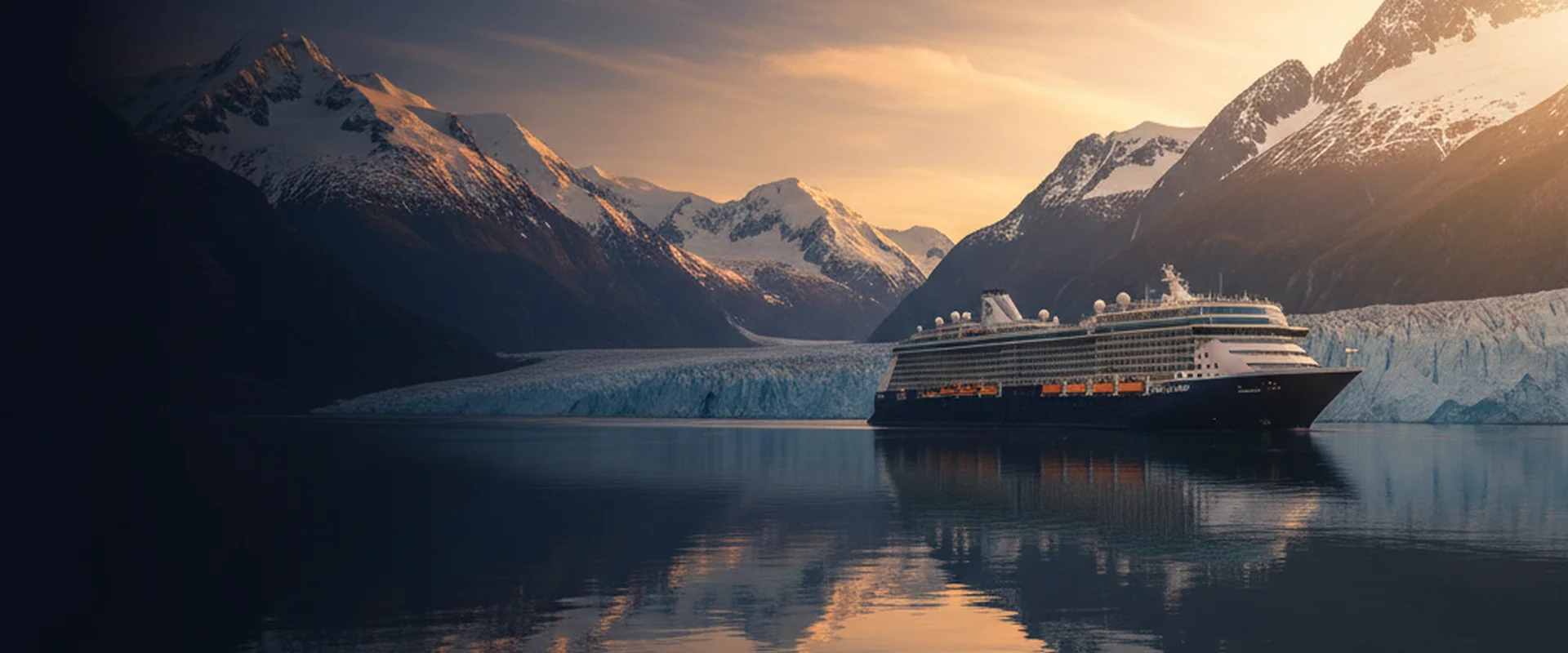 Alaska cruise ship sailing through a glacier-lined fjord at golden hour with snow-capped mountains